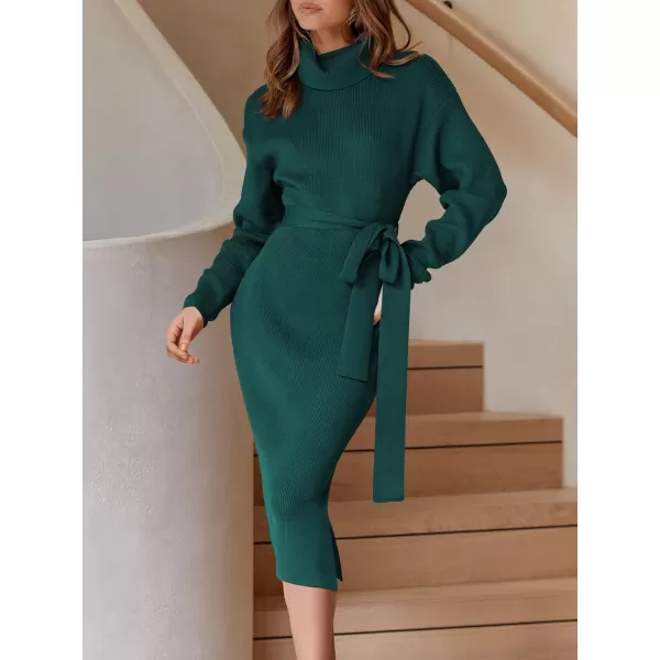 imageANRABESS Womens Turtleneck Long Batwing Sleeve Chunky Knit Slit Slim Bodycon Tie Waist Pullover Midi Sweater DressOpal Green