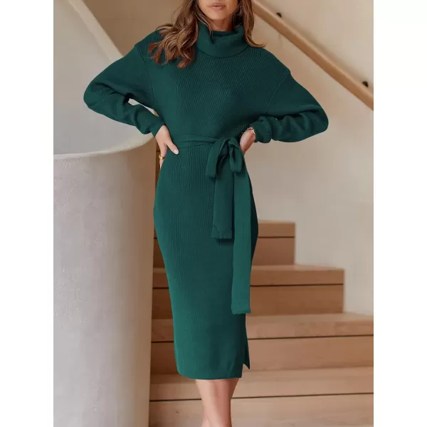 imageANRABESS Womens Turtleneck Long Batwing Sleeve Chunky Knit Slit Slim Bodycon Tie Waist Pullover Midi Sweater DressOpal Green