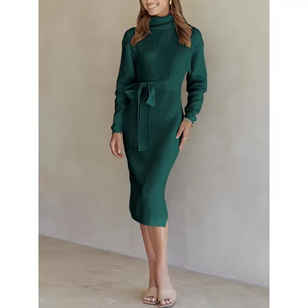 imageANRABESS Womens Turtleneck Long Batwing Sleeve Chunky Knit Slit Slim Bodycon Tie Waist Pullover Midi Sweater DressOpal Green