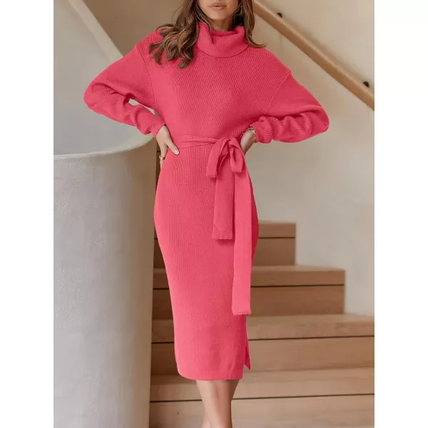imageANRABESS Womens Turtleneck Long Batwing Sleeve Chunky Knit Slit Slim Bodycon Tie Waist Pullover Midi Sweater DressWatermelon Red