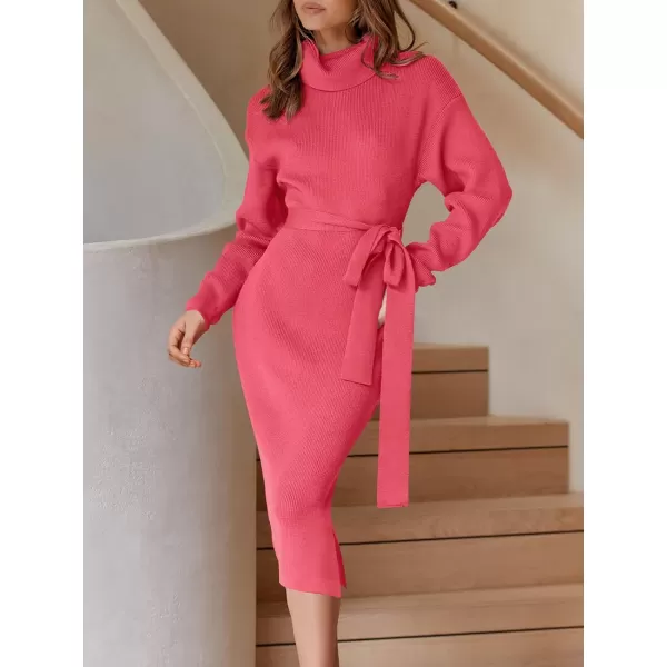 imageANRABESS Womens Turtleneck Long Batwing Sleeve Chunky Knit Slit Slim Bodycon Tie Waist Pullover Midi Sweater DressWatermelon Red