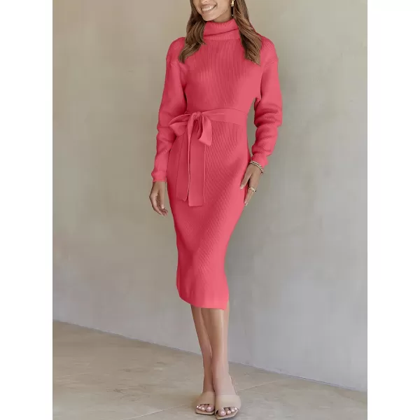 imageANRABESS Womens Turtleneck Long Batwing Sleeve Chunky Knit Slit Slim Bodycon Tie Waist Pullover Midi Sweater DressWatermelon Red