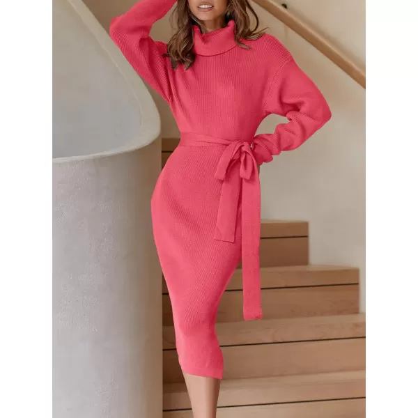 imageANRABESS Womens Turtleneck Long Batwing Sleeve Chunky Knit Slit Slim Bodycon Tie Waist Pullover Midi Sweater DressWatermelon Red