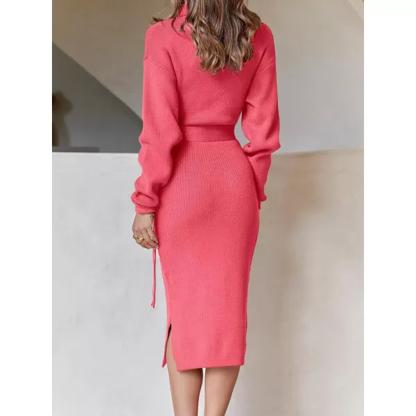 imageANRABESS Womens Turtleneck Long Batwing Sleeve Chunky Knit Slit Slim Bodycon Tie Waist Pullover Midi Sweater DressWatermelon Red