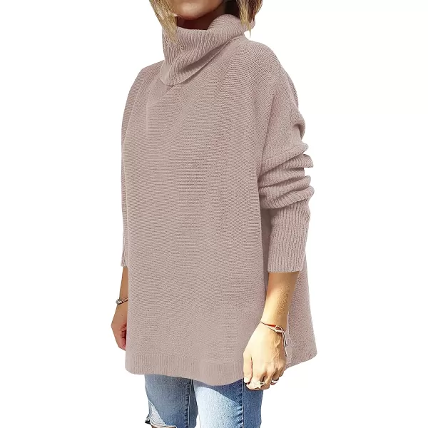 imageANRABESS Womens Turtleneck Oversized 2022 Long Batwing Sleeve Spilt Hem Knit Tunic Pullover Sweater TopsAlmond