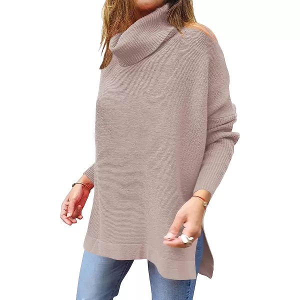 imageANRABESS Womens Turtleneck Oversized 2022 Long Batwing Sleeve Spilt Hem Knit Tunic Pullover Sweater TopsAlmond