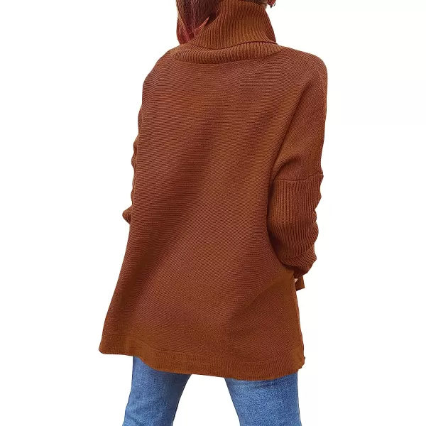 imageANRABESS Womens Turtleneck Oversized 2022 Long Batwing Sleeve Spilt Hem Knit Tunic Pullover Sweater TopsAuburn