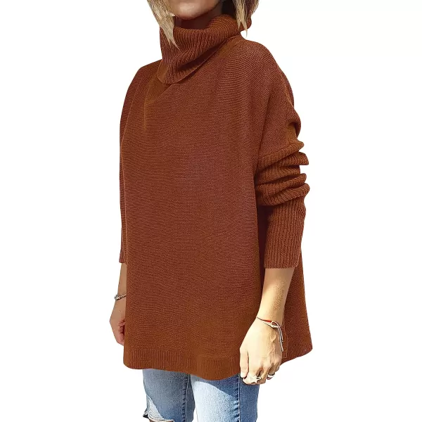 imageANRABESS Womens Turtleneck Oversized 2022 Long Batwing Sleeve Spilt Hem Knit Tunic Pullover Sweater TopsAuburn
