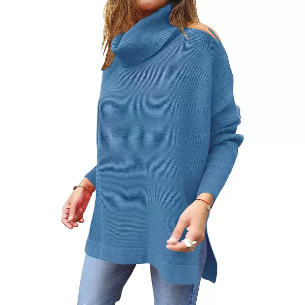 imageANRABESS Womens Turtleneck Oversized 2022 Long Batwing Sleeve Spilt Hem Knit Tunic Pullover Sweater TopsBlue