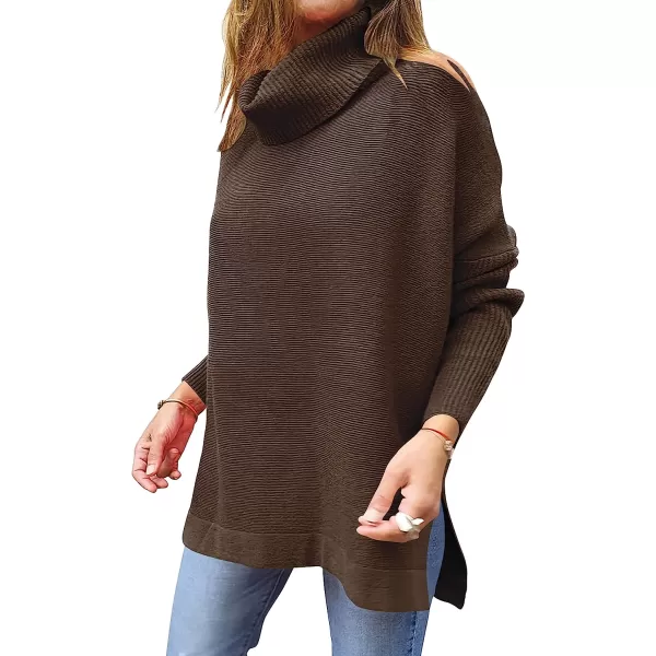 imageANRABESS Womens Turtleneck Oversized 2022 Long Batwing Sleeve Spilt Hem Knit Tunic Pullover Sweater TopsCoffee