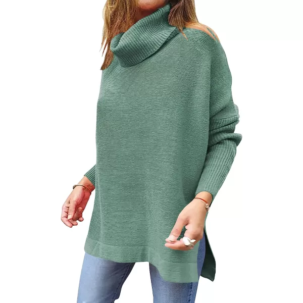 imageANRABESS Womens Turtleneck Oversized 2022 Long Batwing Sleeve Spilt Hem Knit Tunic Pullover Sweater TopsGray Green
