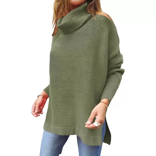 imageANRABESS Womens Turtleneck Oversized 2022 Long Batwing Sleeve Spilt Hem Knit Tunic Pullover Sweater TopsOlive