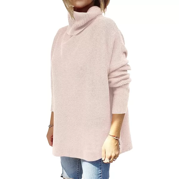 imageANRABESS Womens Turtleneck Oversized 2022 Long Batwing Sleeve Spilt Hem Knit Tunic Pullover Sweater TopsPink