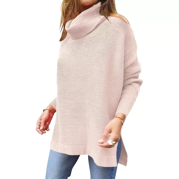 imageANRABESS Womens Turtleneck Oversized 2022 Long Batwing Sleeve Spilt Hem Knit Tunic Pullover Sweater TopsPink