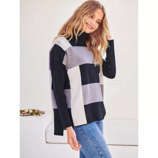 imageANRABESS Womens Turtleneck Oversized 2022 Long Batwing Sleeve Spilt Hem Knit Tunic Pullover Sweater TopsPlaidblack