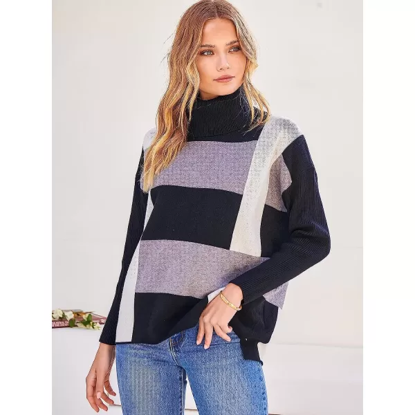 imageANRABESS Womens Turtleneck Oversized 2022 Long Batwing Sleeve Spilt Hem Knit Tunic Pullover Sweater TopsPlaidblack