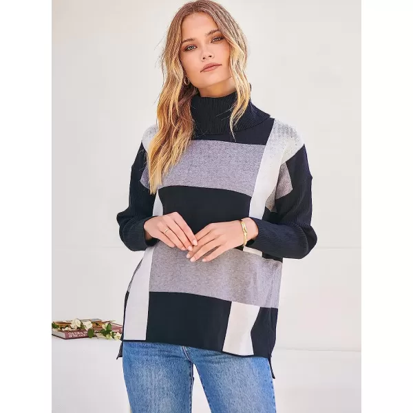 imageANRABESS Womens Turtleneck Oversized 2022 Long Batwing Sleeve Spilt Hem Knit Tunic Pullover Sweater TopsPlaidblack