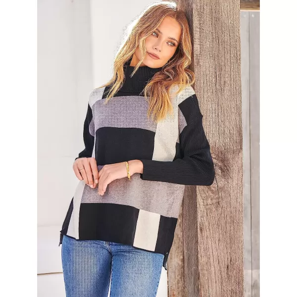 imageANRABESS Womens Turtleneck Oversized 2022 Long Batwing Sleeve Spilt Hem Knit Tunic Pullover Sweater TopsPlaidblack