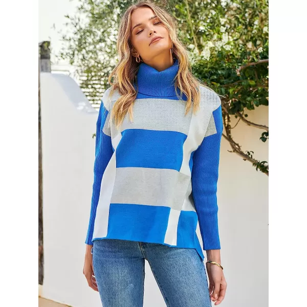 imageANRABESS Womens Turtleneck Oversized 2022 Long Batwing Sleeve Spilt Hem Knit Tunic Pullover Sweater TopsPlaidblue