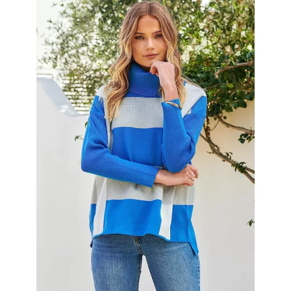 imageANRABESS Womens Turtleneck Oversized 2022 Long Batwing Sleeve Spilt Hem Knit Tunic Pullover Sweater TopsPlaidblue