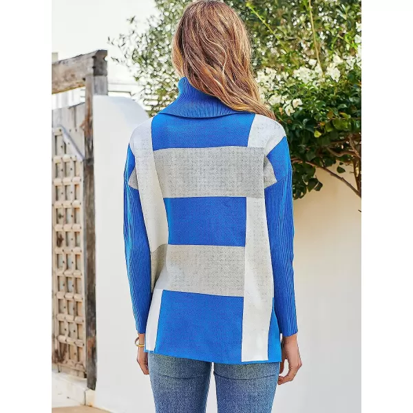 imageANRABESS Womens Turtleneck Oversized 2022 Long Batwing Sleeve Spilt Hem Knit Tunic Pullover Sweater TopsPlaidblue