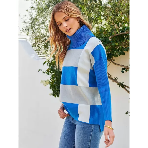 imageANRABESS Womens Turtleneck Oversized 2022 Long Batwing Sleeve Spilt Hem Knit Tunic Pullover Sweater TopsPlaidblue