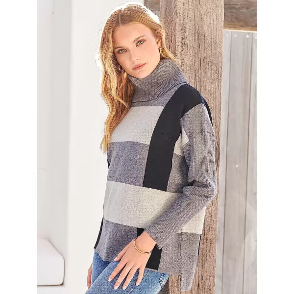 imageANRABESS Womens Turtleneck Oversized 2022 Long Batwing Sleeve Spilt Hem Knit Tunic Pullover Sweater TopsPlaidgray