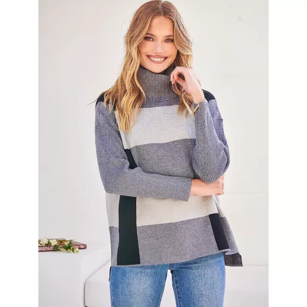 imageANRABESS Womens Turtleneck Oversized 2022 Long Batwing Sleeve Spilt Hem Knit Tunic Pullover Sweater TopsPlaidgray