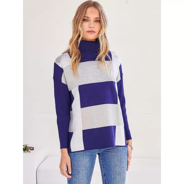 imageANRABESS Womens Turtleneck Oversized 2022 Long Batwing Sleeve Spilt Hem Knit Tunic Pullover Sweater TopsPlaidnavy Blue