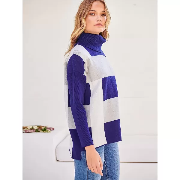 imageANRABESS Womens Turtleneck Oversized 2022 Long Batwing Sleeve Spilt Hem Knit Tunic Pullover Sweater TopsPlaidnavy Blue