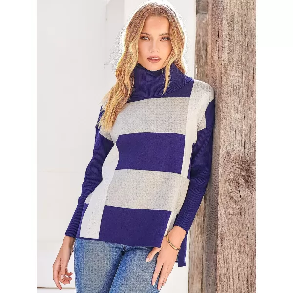 imageANRABESS Womens Turtleneck Oversized 2022 Long Batwing Sleeve Spilt Hem Knit Tunic Pullover Sweater TopsPlaidnavy Blue