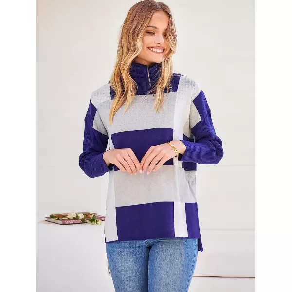 imageANRABESS Womens Turtleneck Oversized 2022 Long Batwing Sleeve Spilt Hem Knit Tunic Pullover Sweater TopsPlaidnavy Blue