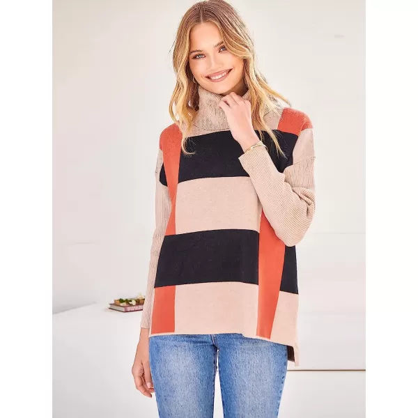 imageANRABESS Womens Turtleneck Oversized 2022 Long Batwing Sleeve Spilt Hem Knit Tunic Pullover Sweater TopsPlaidorange