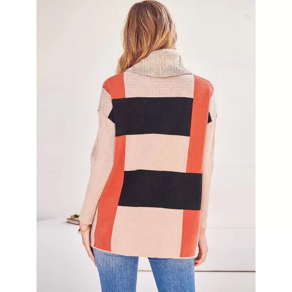 imageANRABESS Womens Turtleneck Oversized 2022 Long Batwing Sleeve Spilt Hem Knit Tunic Pullover Sweater TopsPlaidorange