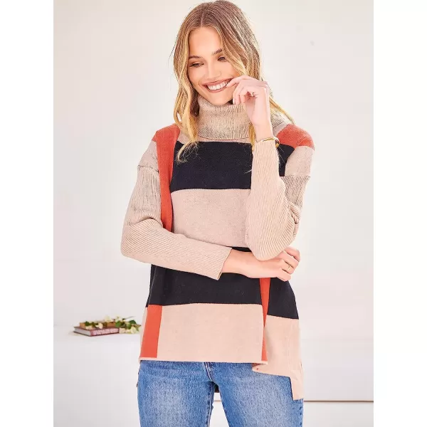 imageANRABESS Womens Turtleneck Oversized 2022 Long Batwing Sleeve Spilt Hem Knit Tunic Pullover Sweater TopsPlaidorange