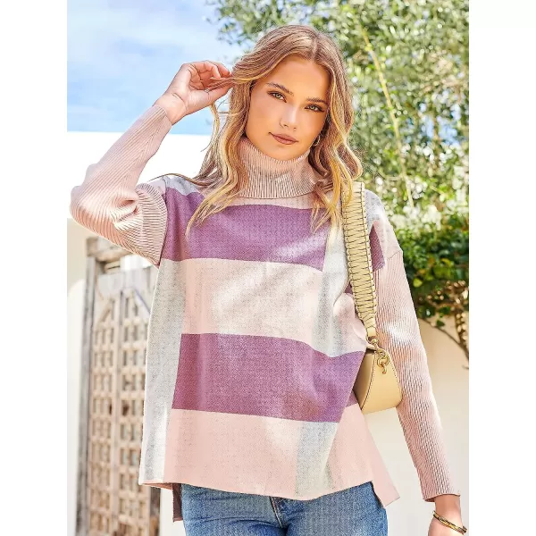 imageANRABESS Womens Turtleneck Oversized 2022 Long Batwing Sleeve Spilt Hem Knit Tunic Pullover Sweater TopsPlaidpink