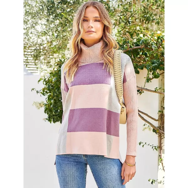imageANRABESS Womens Turtleneck Oversized 2022 Long Batwing Sleeve Spilt Hem Knit Tunic Pullover Sweater TopsPlaidpink