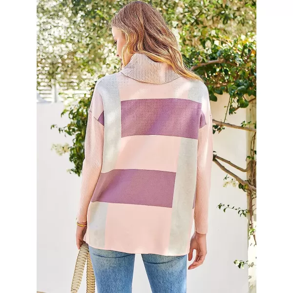 imageANRABESS Womens Turtleneck Oversized 2022 Long Batwing Sleeve Spilt Hem Knit Tunic Pullover Sweater TopsPlaidpink