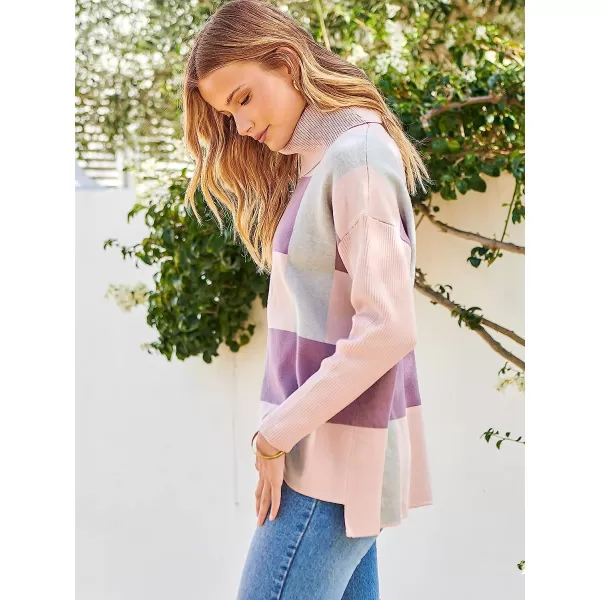 imageANRABESS Womens Turtleneck Oversized 2022 Long Batwing Sleeve Spilt Hem Knit Tunic Pullover Sweater TopsPlaidpink