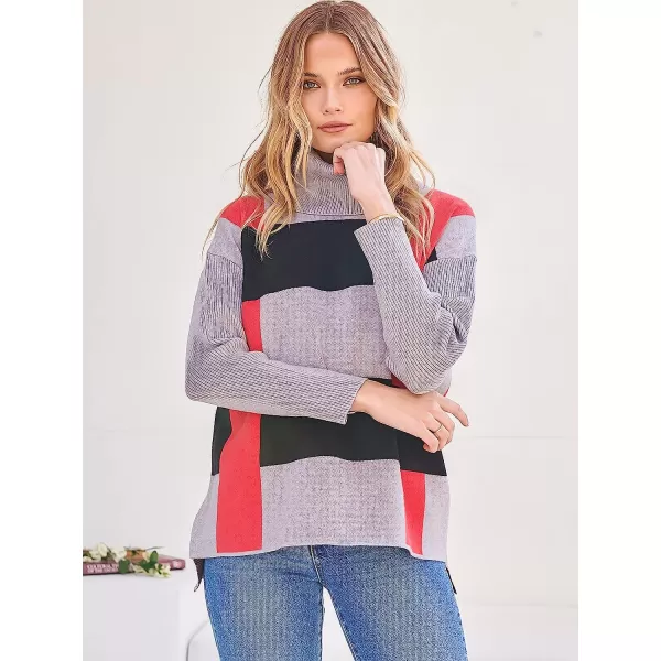 imageANRABESS Womens Turtleneck Oversized 2022 Long Batwing Sleeve Spilt Hem Knit Tunic Pullover Sweater TopsPlaidred