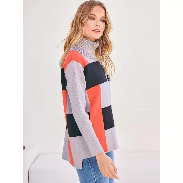 imageANRABESS Womens Turtleneck Oversized 2022 Long Batwing Sleeve Spilt Hem Knit Tunic Pullover Sweater TopsPlaidred