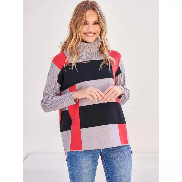 imageANRABESS Womens Turtleneck Oversized 2022 Long Batwing Sleeve Spilt Hem Knit Tunic Pullover Sweater TopsPlaidred