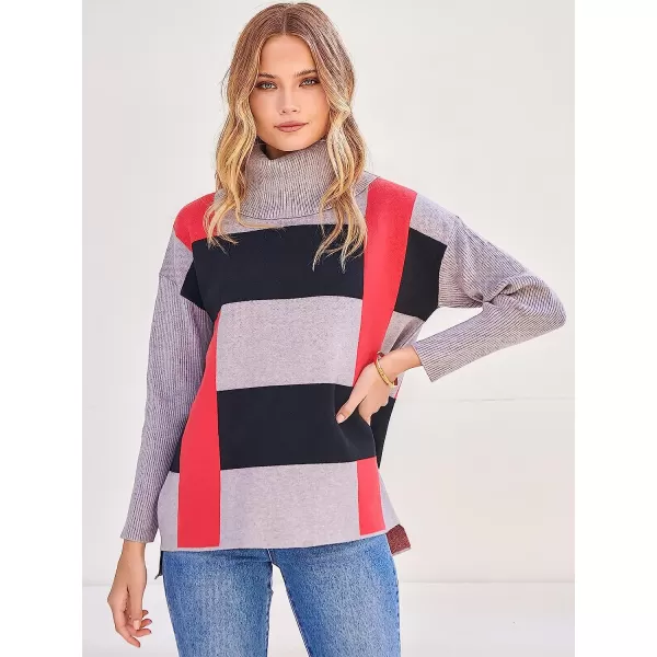 imageANRABESS Womens Turtleneck Oversized 2022 Long Batwing Sleeve Spilt Hem Knit Tunic Pullover Sweater TopsPlaidred