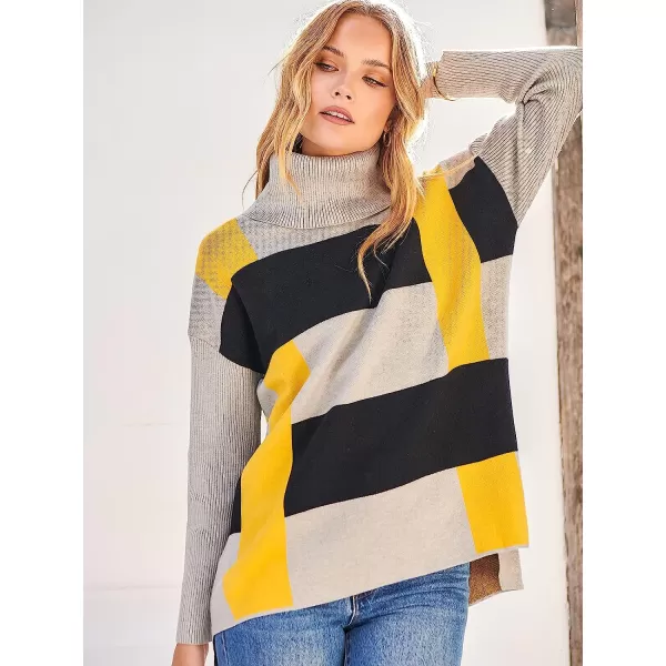 imageANRABESS Womens Turtleneck Oversized 2022 Long Batwing Sleeve Spilt Hem Knit Tunic Pullover Sweater TopsPlaidyellow