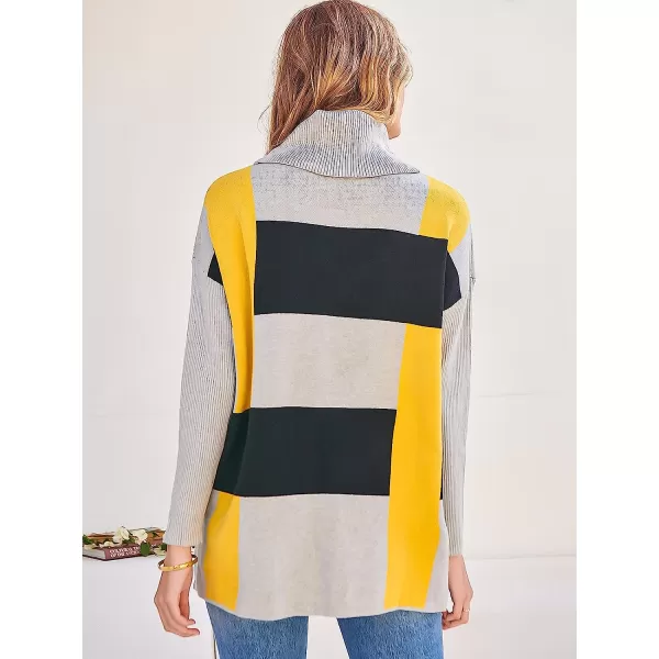 imageANRABESS Womens Turtleneck Oversized 2022 Long Batwing Sleeve Spilt Hem Knit Tunic Pullover Sweater TopsPlaidyellow
