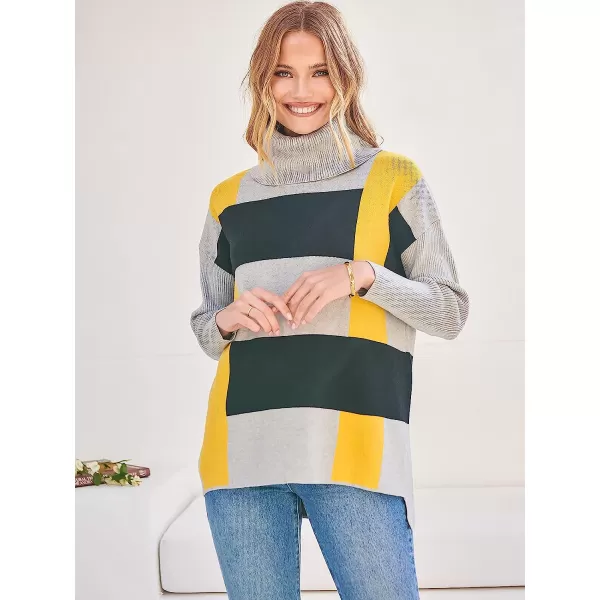 imageANRABESS Womens Turtleneck Oversized 2022 Long Batwing Sleeve Spilt Hem Knit Tunic Pullover Sweater TopsPlaidyellow