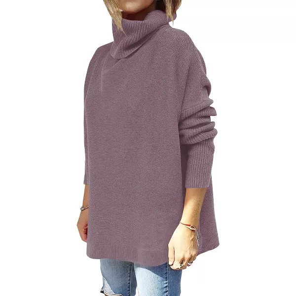 imageANRABESS Womens Turtleneck Oversized 2022 Long Batwing Sleeve Spilt Hem Knit Tunic Pullover Sweater TopsPurple