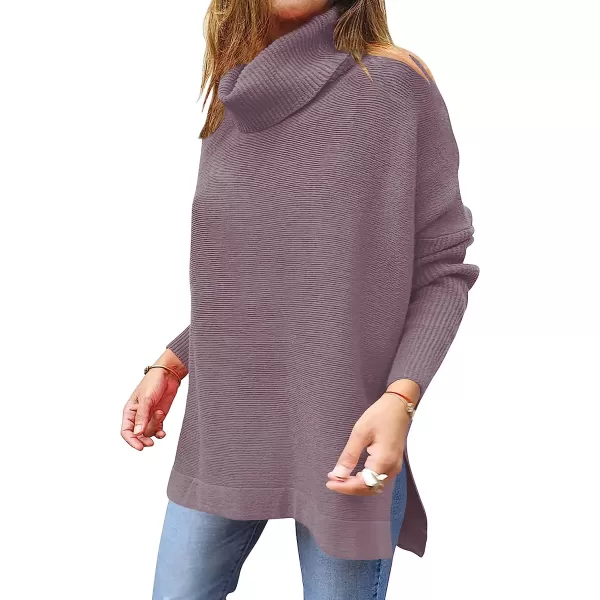 imageANRABESS Womens Turtleneck Oversized 2022 Long Batwing Sleeve Spilt Hem Knit Tunic Pullover Sweater TopsPurple