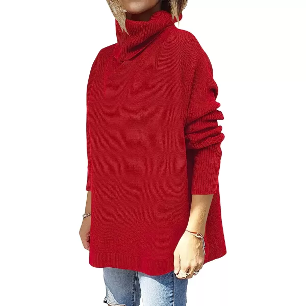 imageANRABESS Womens Turtleneck Oversized 2022 Long Batwing Sleeve Spilt Hem Knit Tunic Pullover Sweater TopsRed