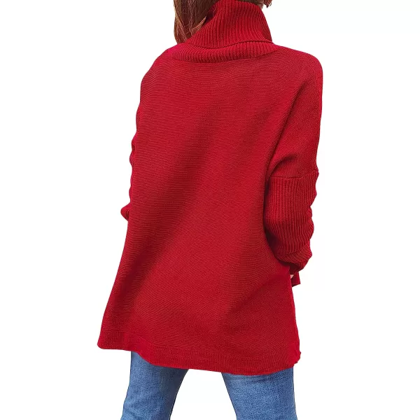 imageANRABESS Womens Turtleneck Oversized 2022 Long Batwing Sleeve Spilt Hem Knit Tunic Pullover Sweater TopsRed
